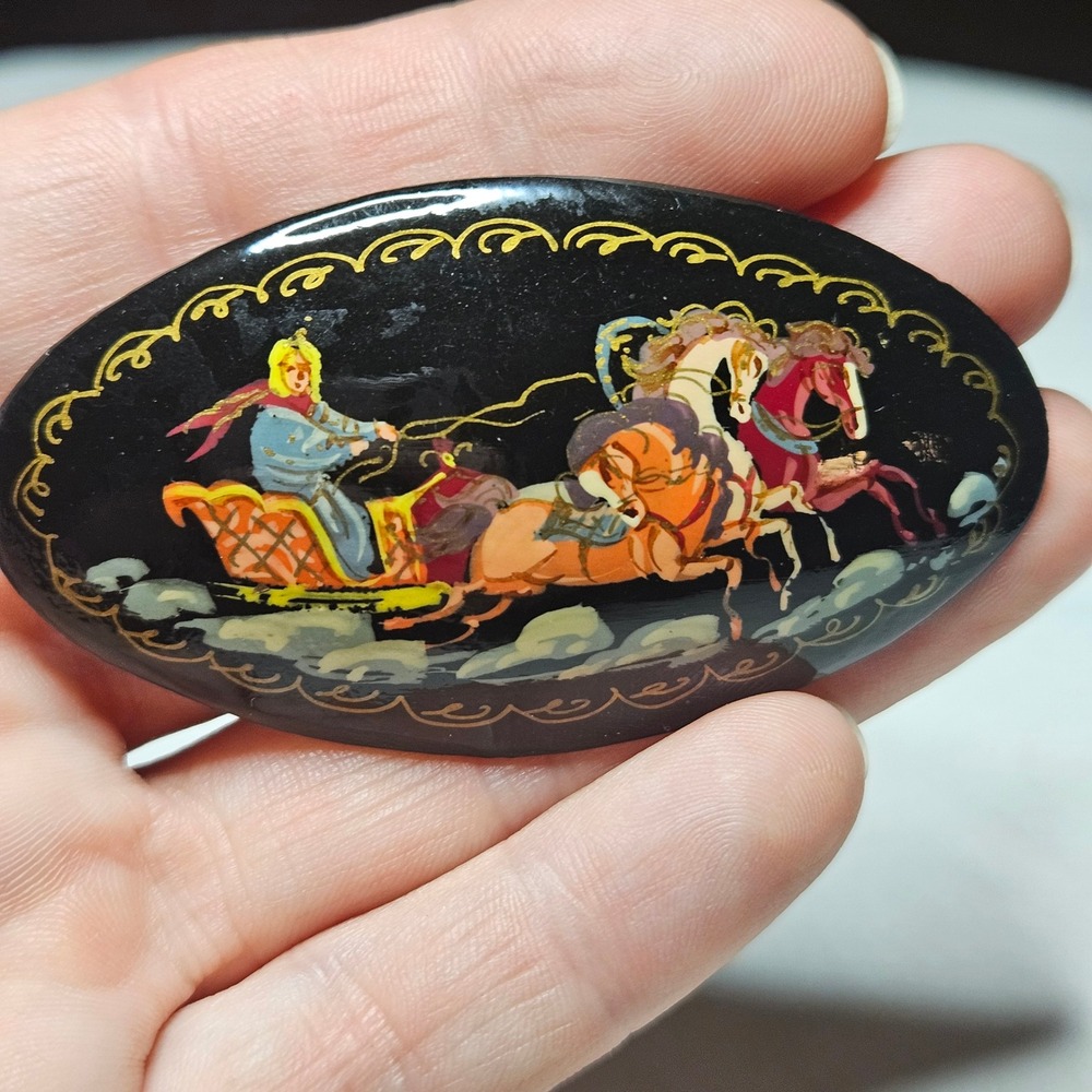 Vintage Signed Russian Brooch by N.Vesin. Hand Painted Troika Sleigh & Horses